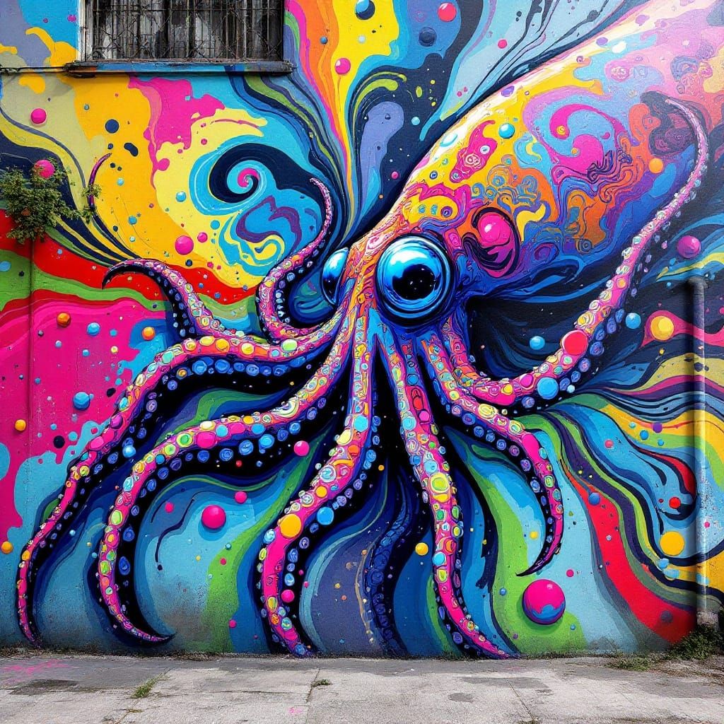 Vibrant Squid Graffiti Art Blending Spray Paint and Oil Goua...