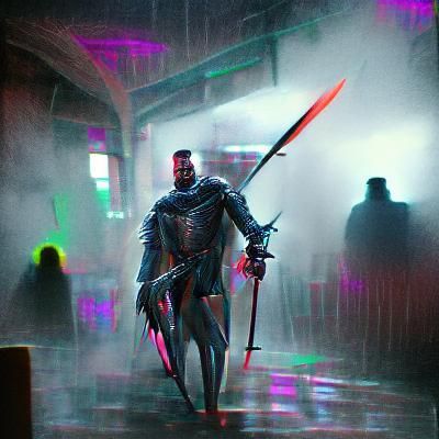 Cyberpunk Knight in Neon City Ruins
