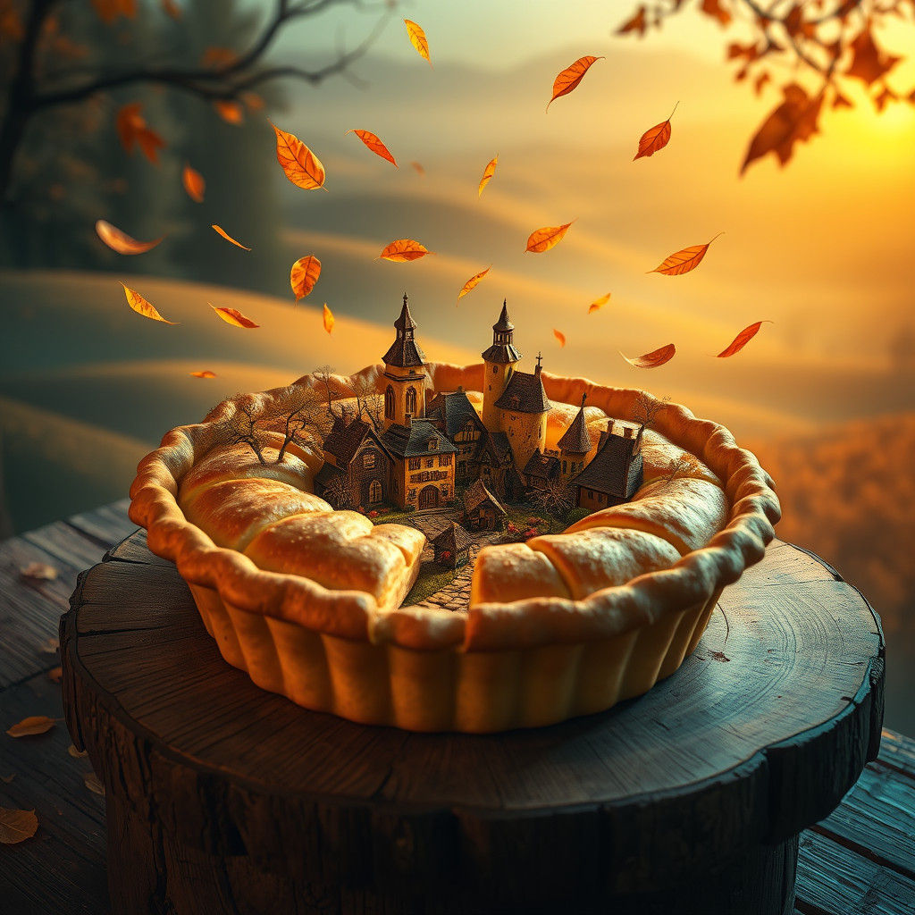Autumn Village Pie in Surreal Dreamscape