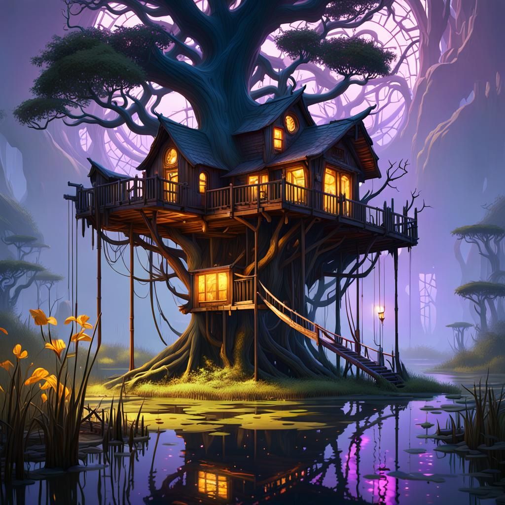 Dark Fantasy Tree House in a Swamp