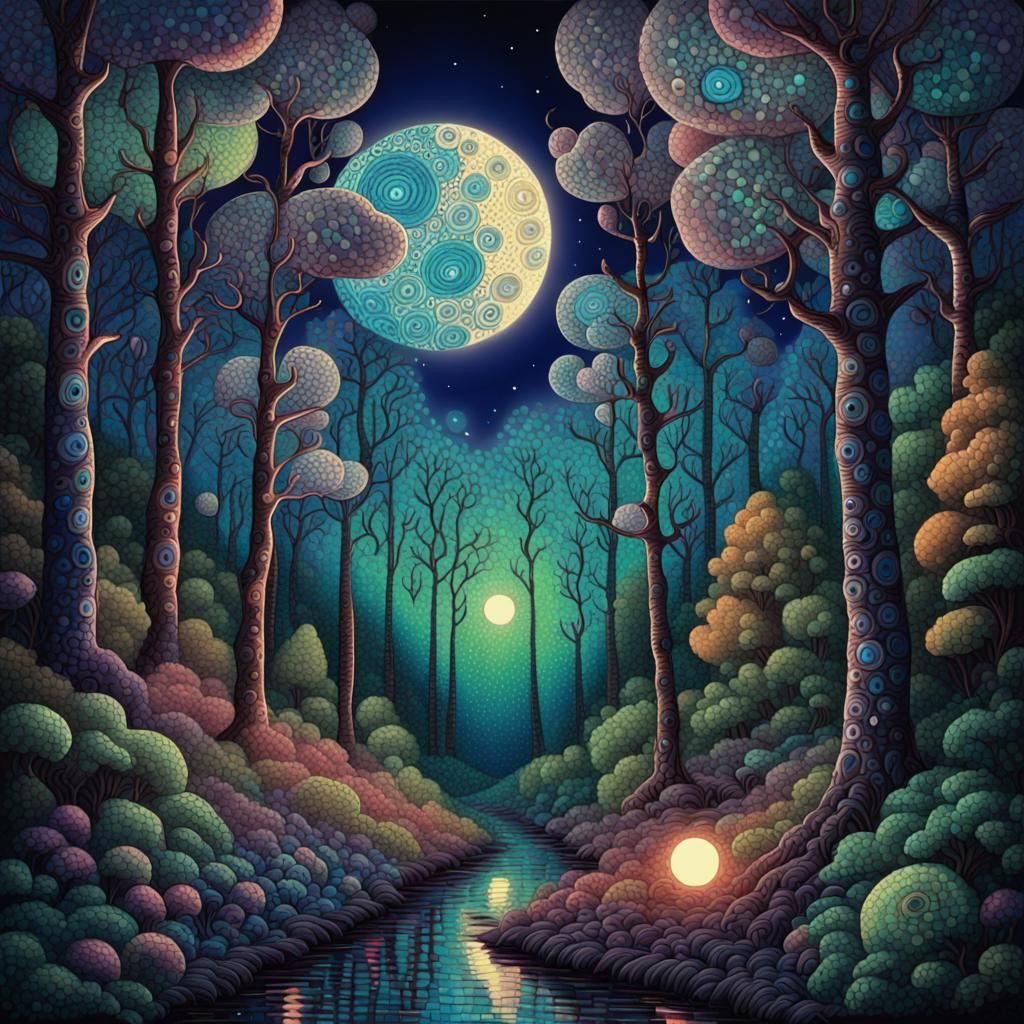 Luminescent Forest in Mosaic Zentangle Pointillism Style