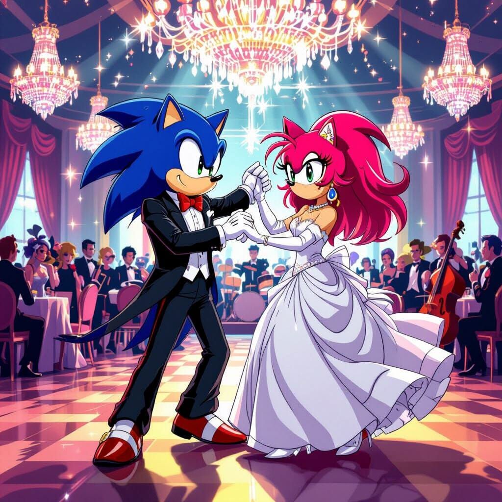 Sonic and Amy Dancing at Prom in Pop Surrealist Style