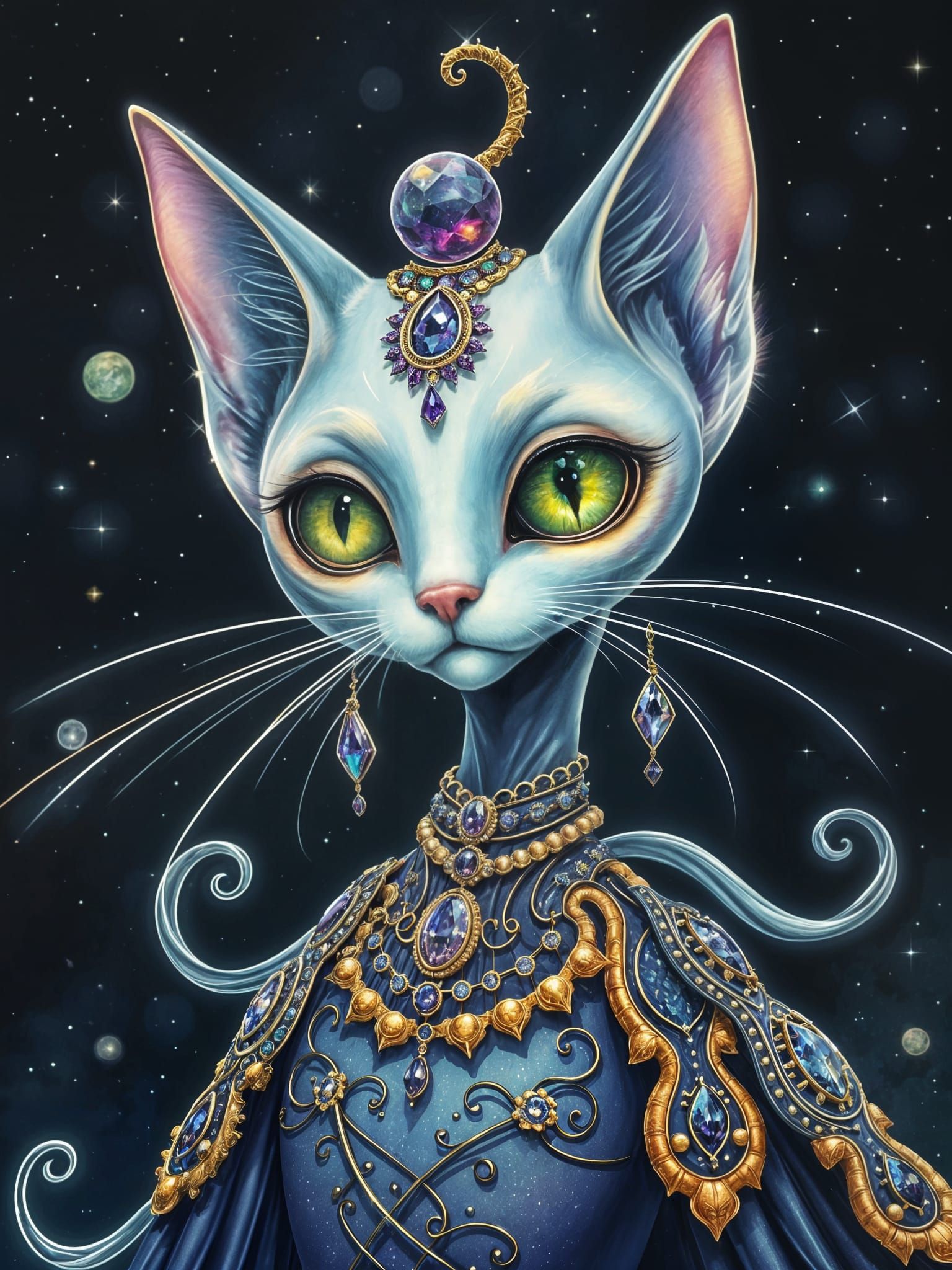 Celestial Feline Goddess in Shimmering Astral Attire