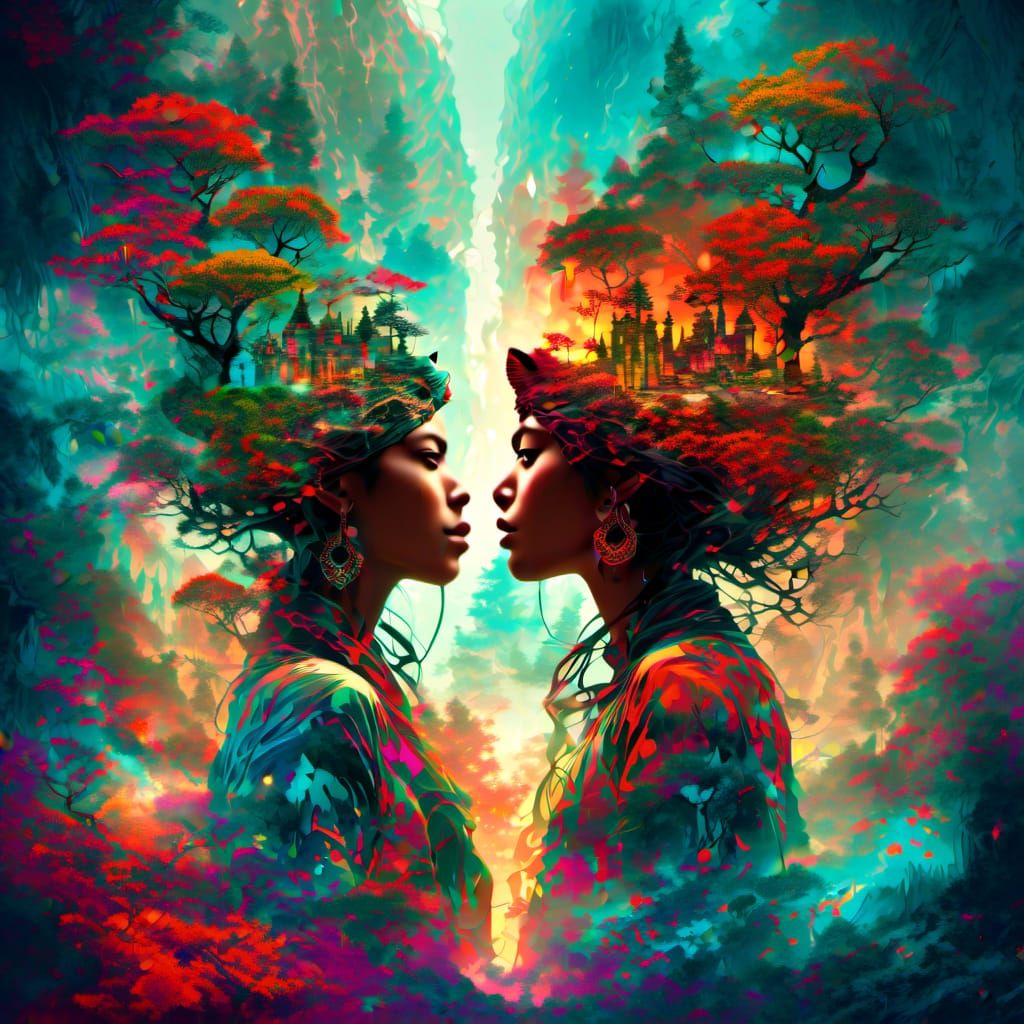 Ibeji Twins Jaguar Priestesses in Watercolor Style