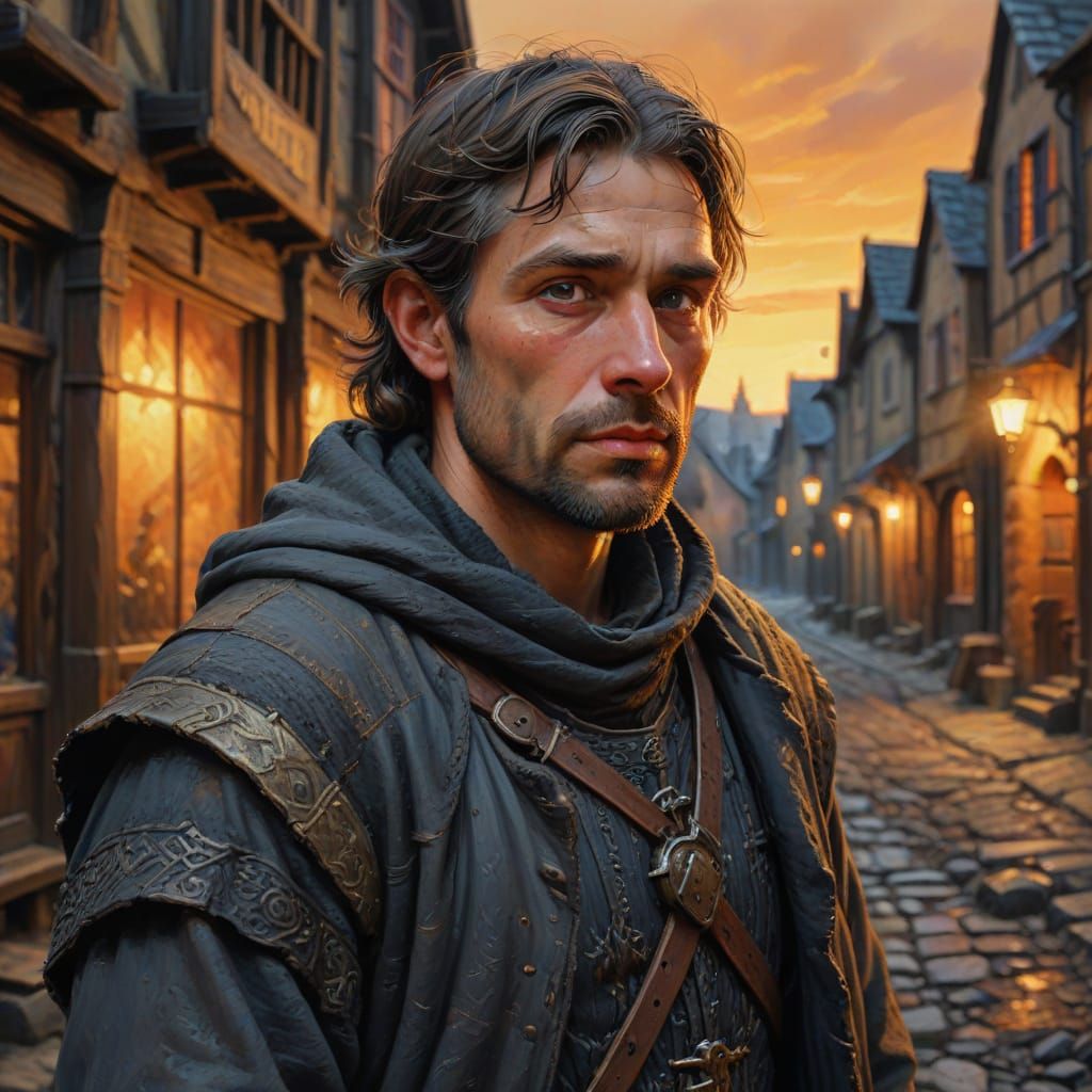 photorealistic, highly detailed, high contrast, middle ages, story of a lone medieval male traveler, coal town, portrait