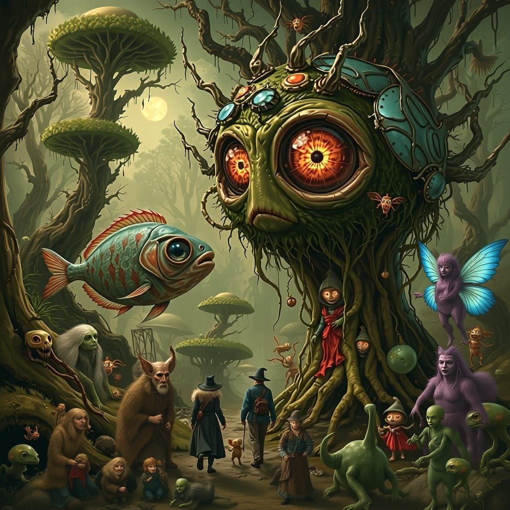 Surreal Dreamscape with Faerie Creatures and Giant Eyeball