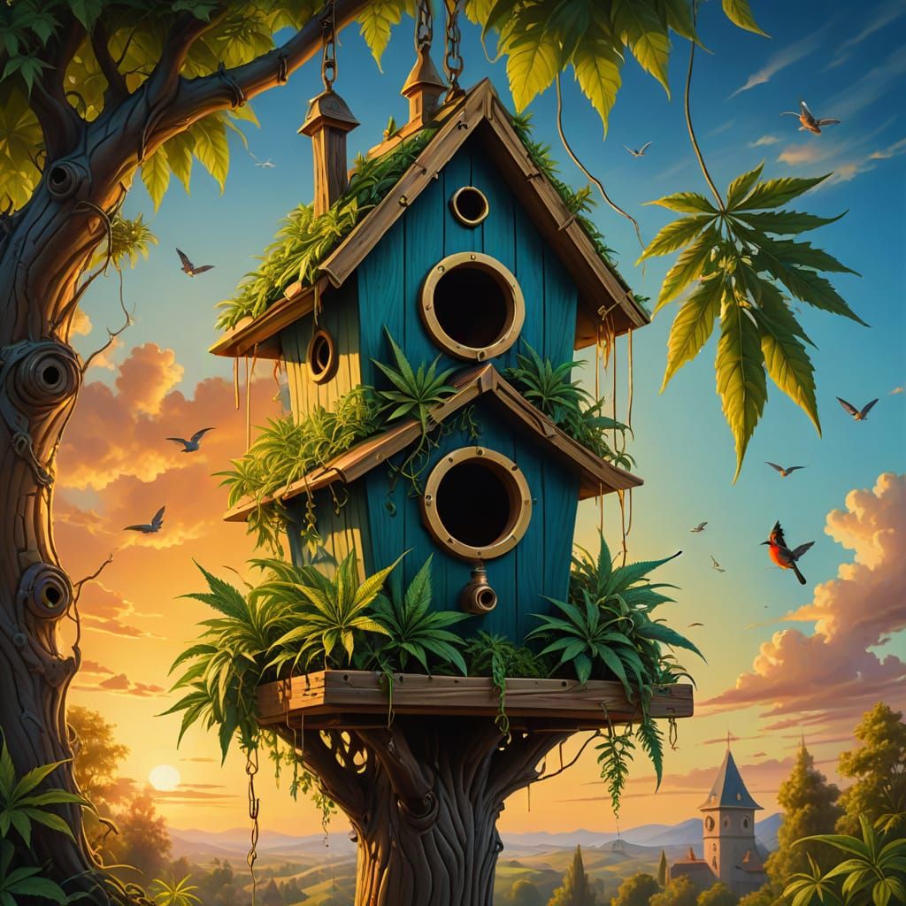 Surreal Birdhouse with Cannabis Plant in Sunrise Light