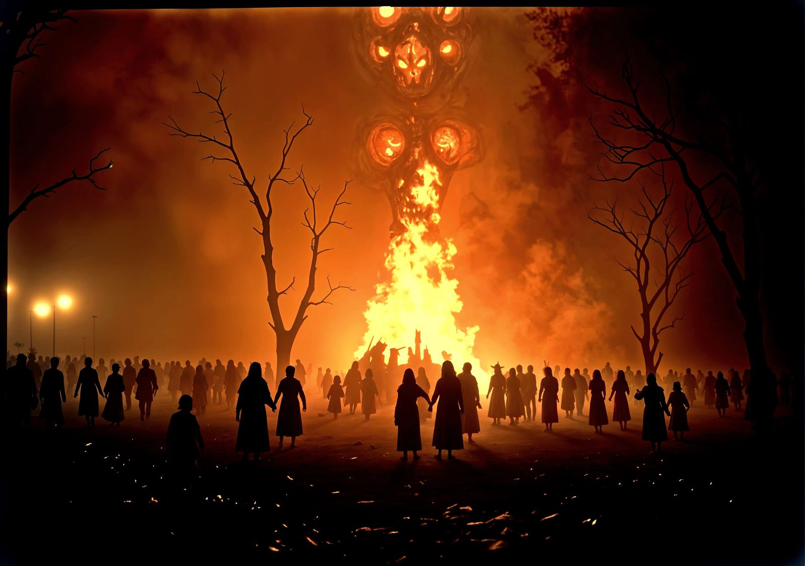 Spooky Samhain Festival with Bonfire and Dancing Figures