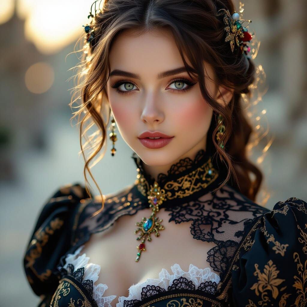 Stunning Young Woman in Ornate Costume, Golden Hour