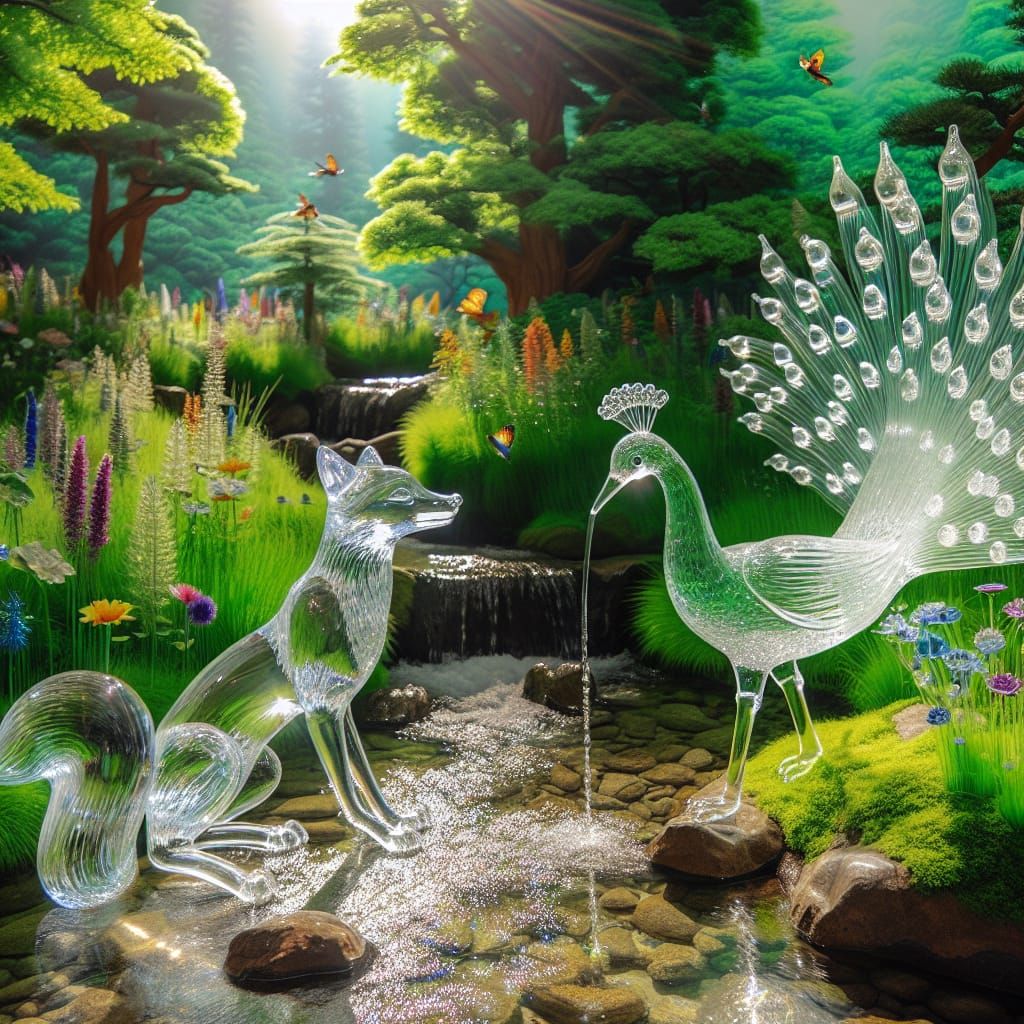 Glass Fox and Peacock Drinking From Stream