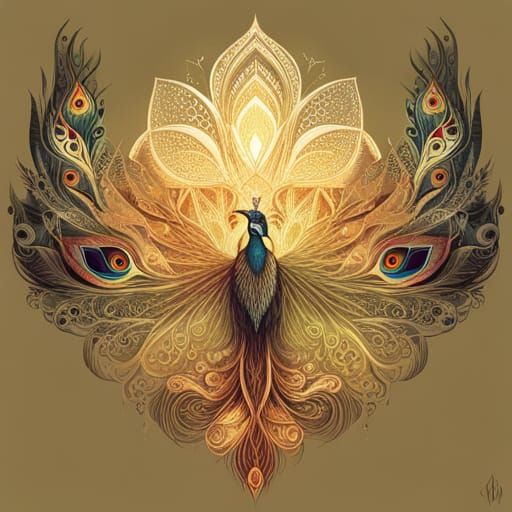 Luminous Peacock with Golden Outlines Digital Painting