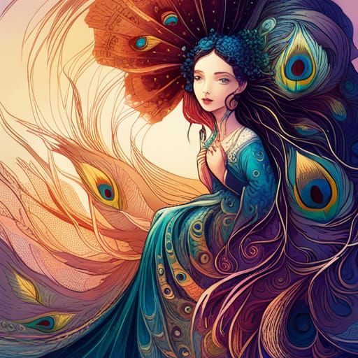 Luminous Peacock with Golden Outlines Digital Painting