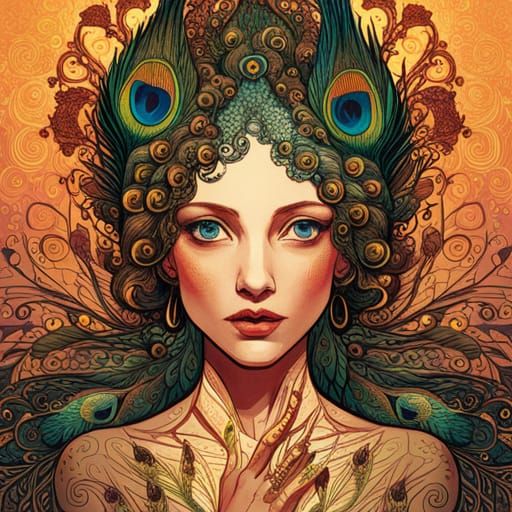 Luminous Peacock with Golden Outlines, Digital Art