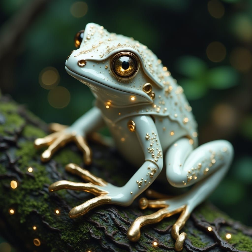 Intricate Porcelain Frog with Fairy Lights