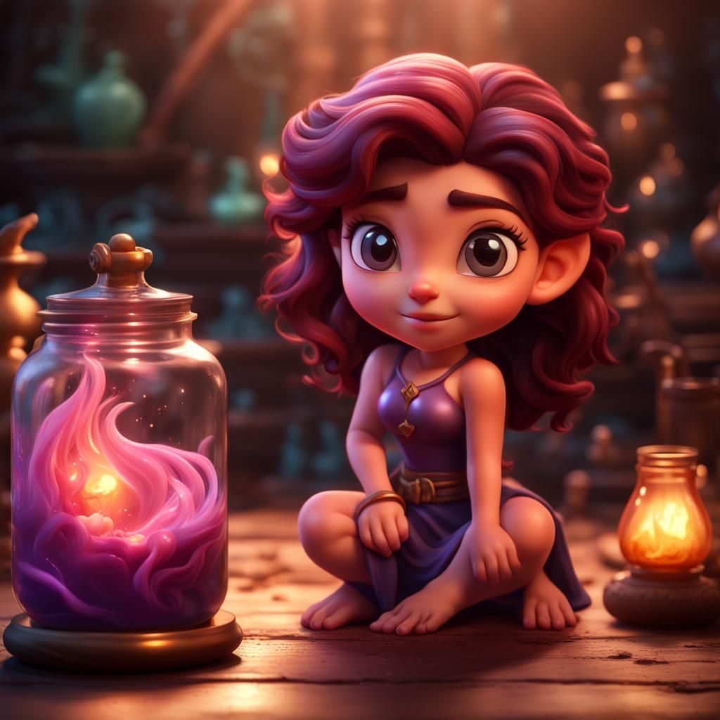 Glowing Chibi Megara in a Jar: Hyperrealistic Art