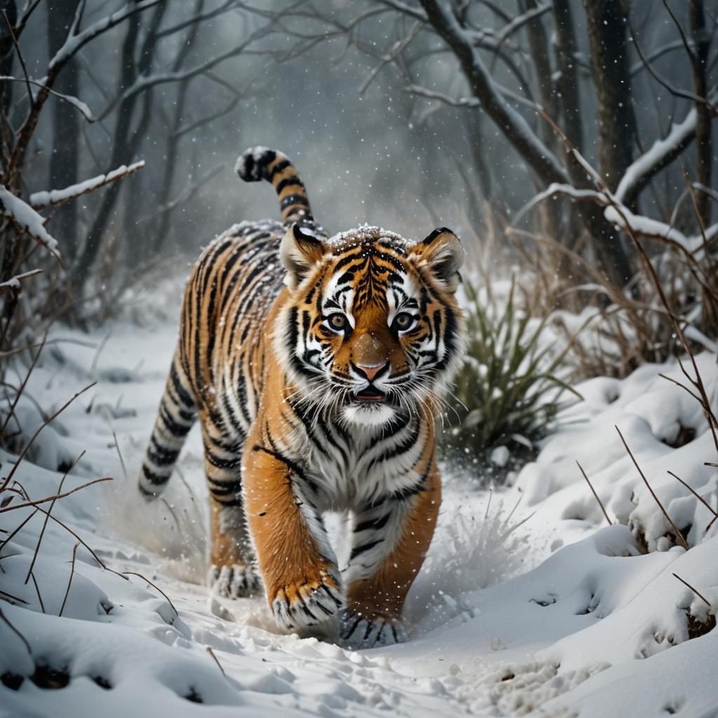 Magical Tiger Cub Running Through a Snow Drift