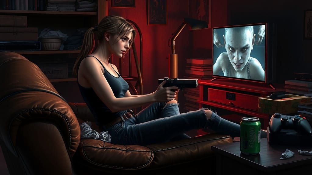 Claire Redfield Immersed in a Dark Gaming Session