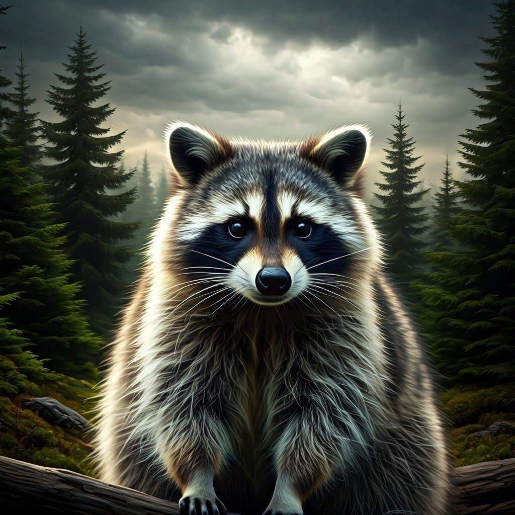 Detailed Raccoon in Hyperrealistic Forest Scene