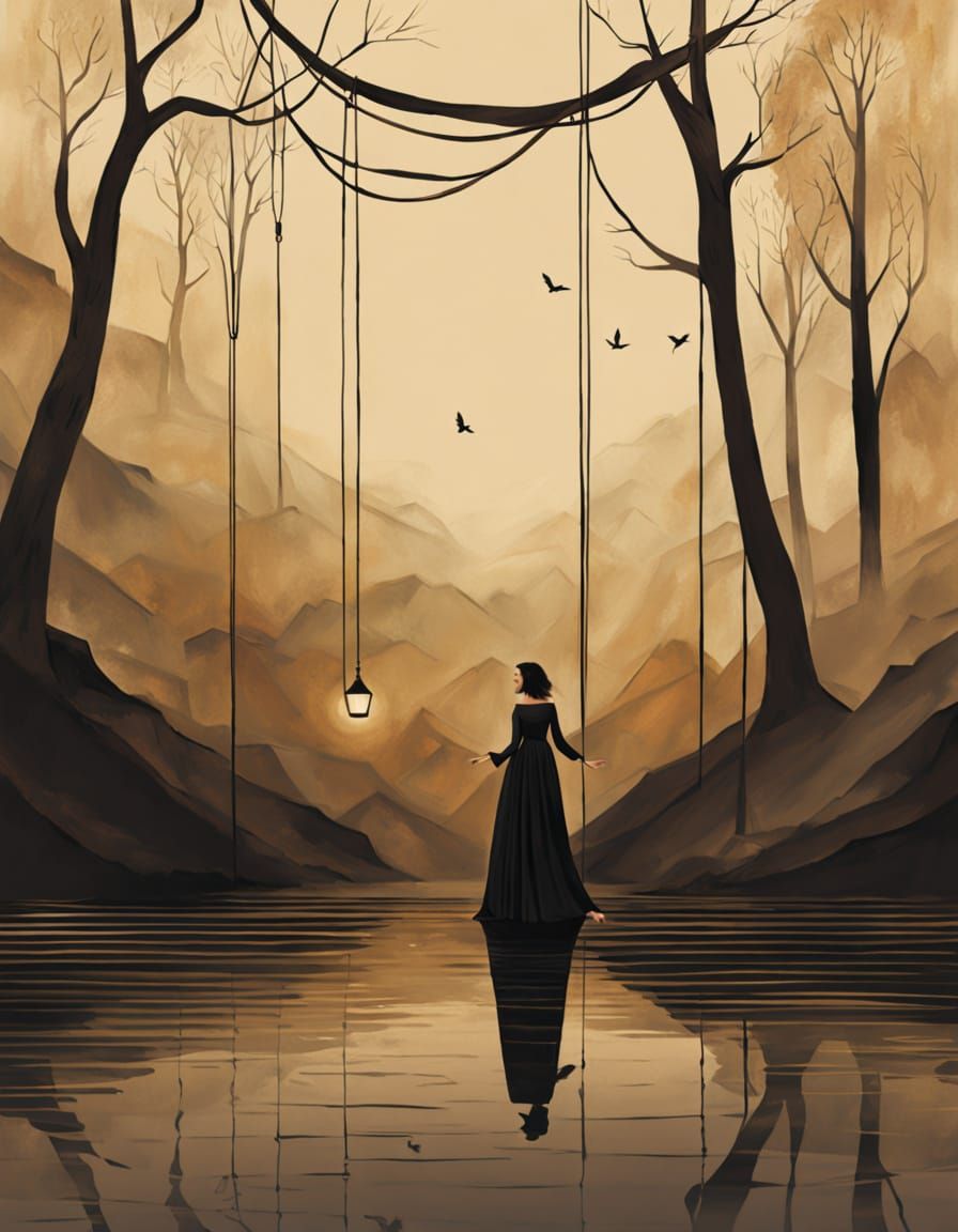 Woman on Rope Swing in Abstract Oil Painting Style