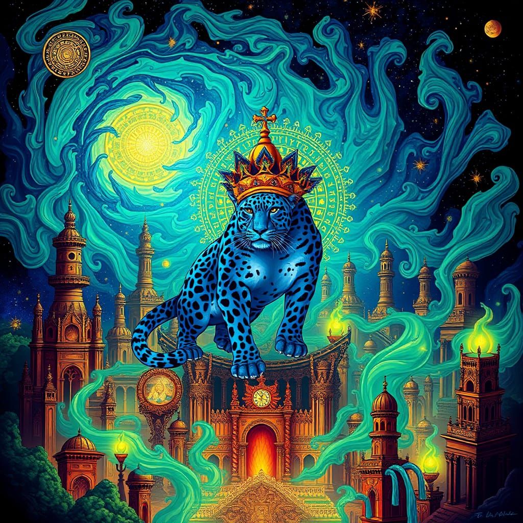 Blue Leopard King in Celestial City, Holographic Illustratio...