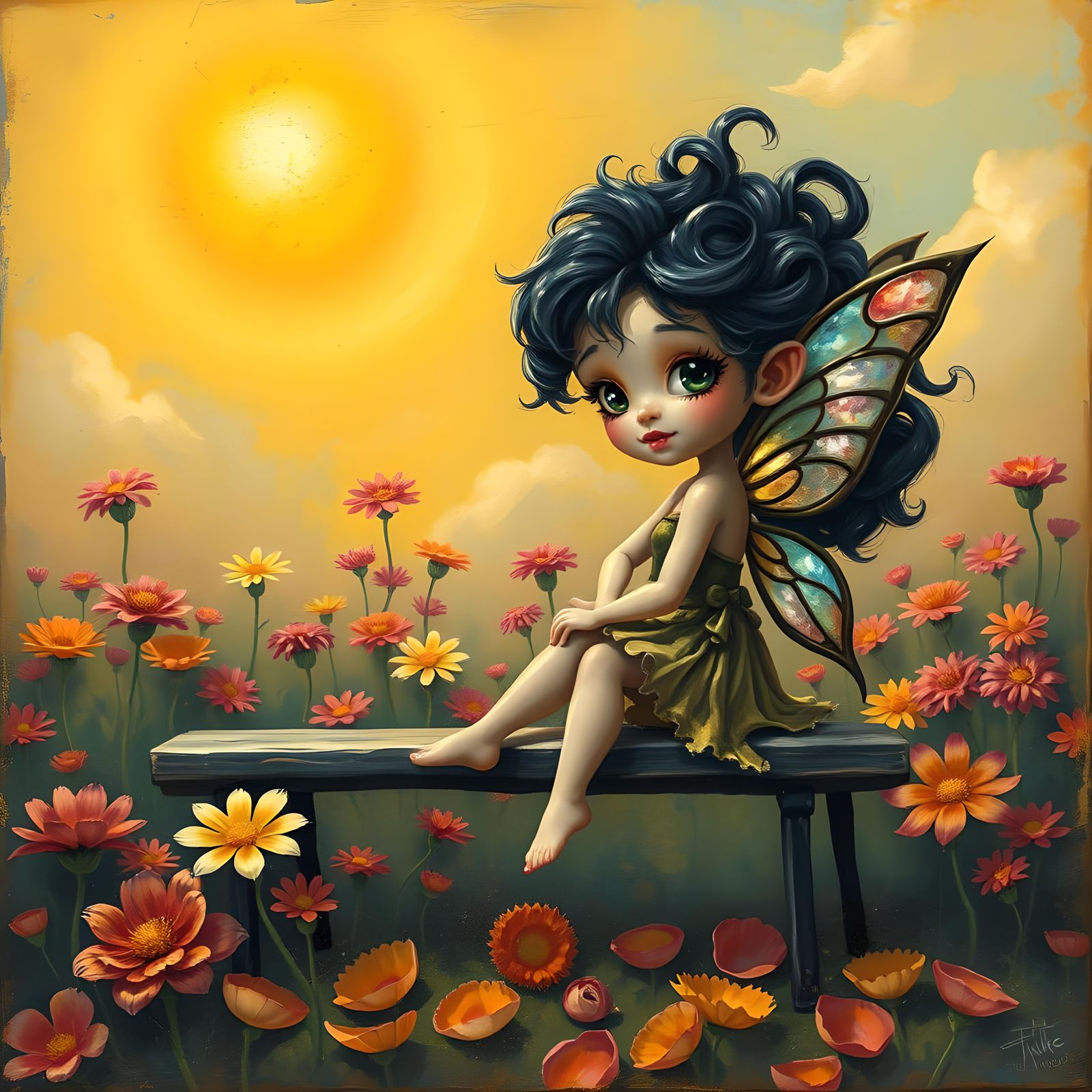 Whimsical Fairy on Bench in Surreal Landscape