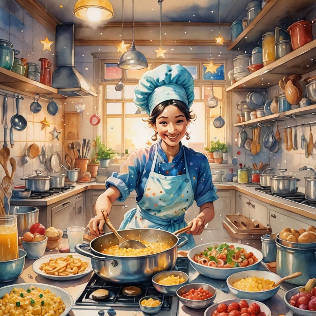 Food Genie in Dreamy Watercolor Kitchen Scene