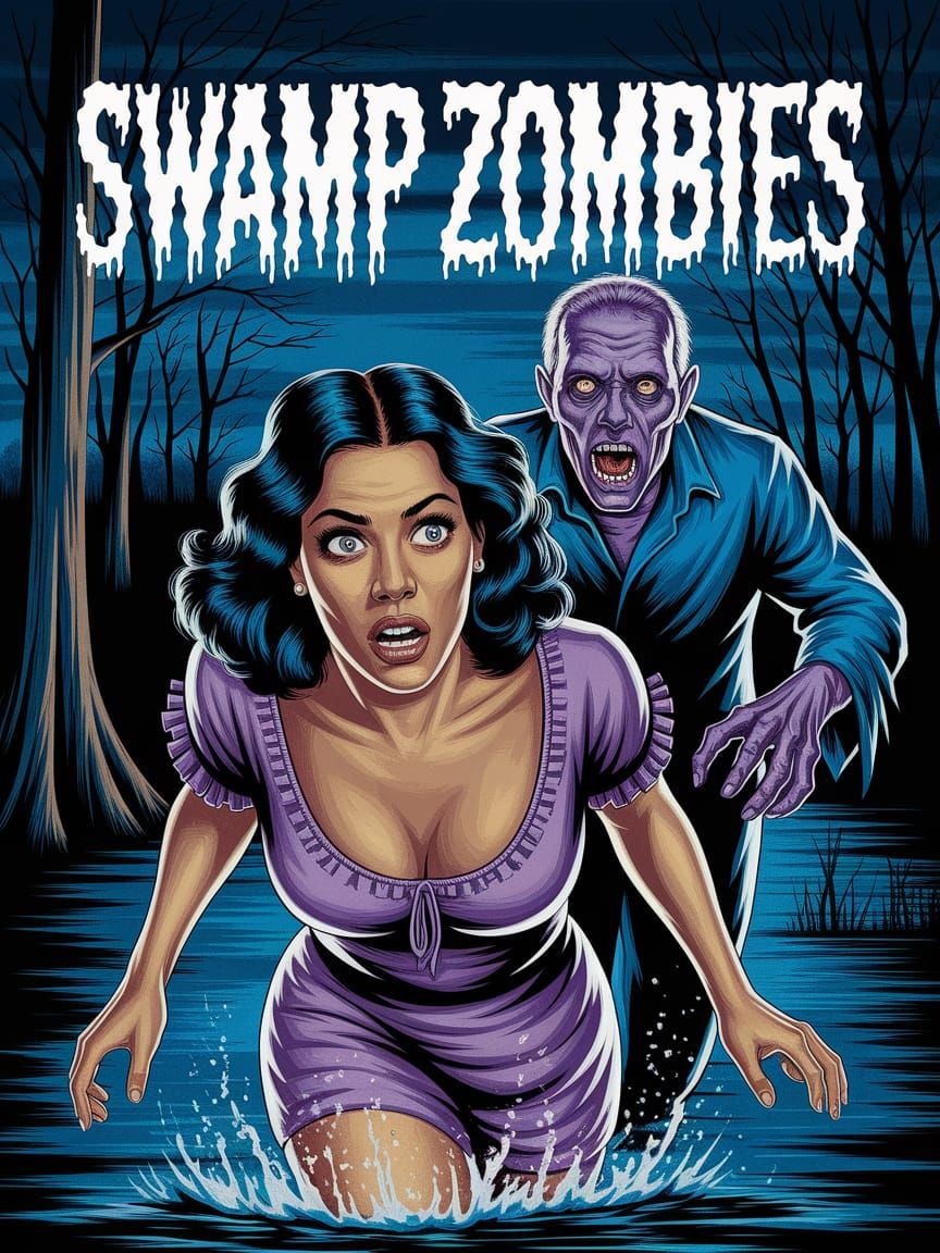 Retro Horror Swamp Zombies Poster in Oil Painting