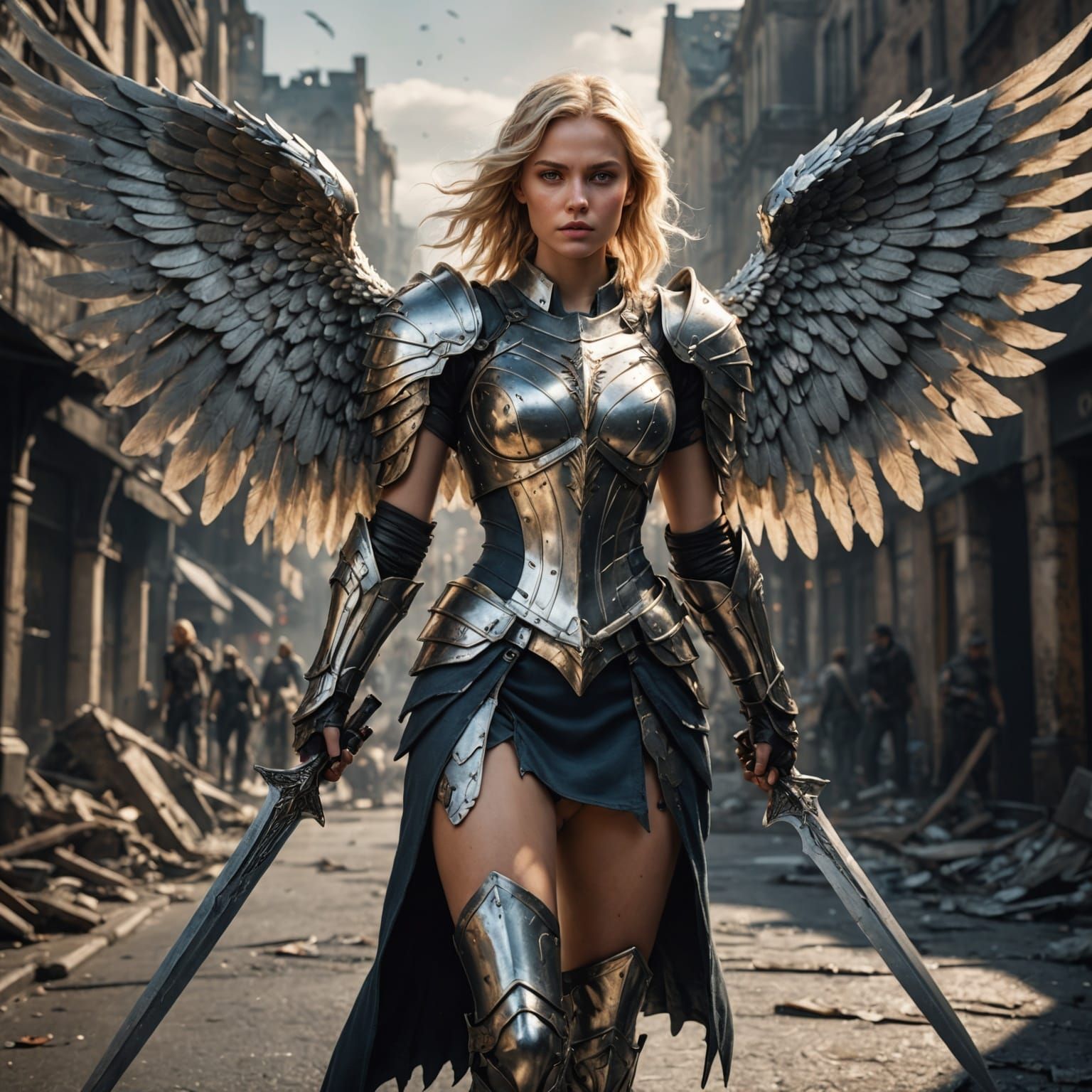 Fantasy Warrior Angel in War-Torn City
