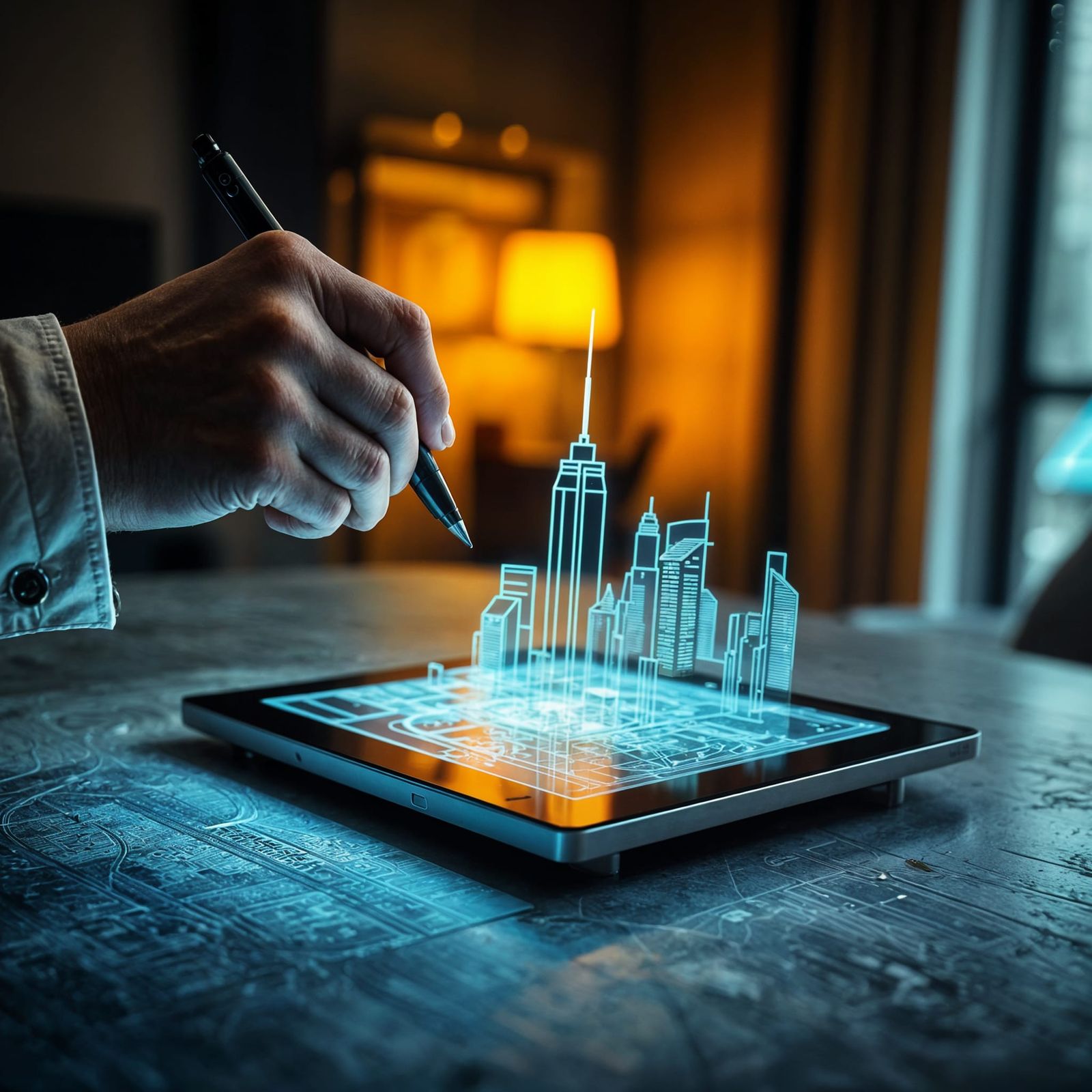 Futuristic Cityscape Art Piece with Luminous Blue Lines