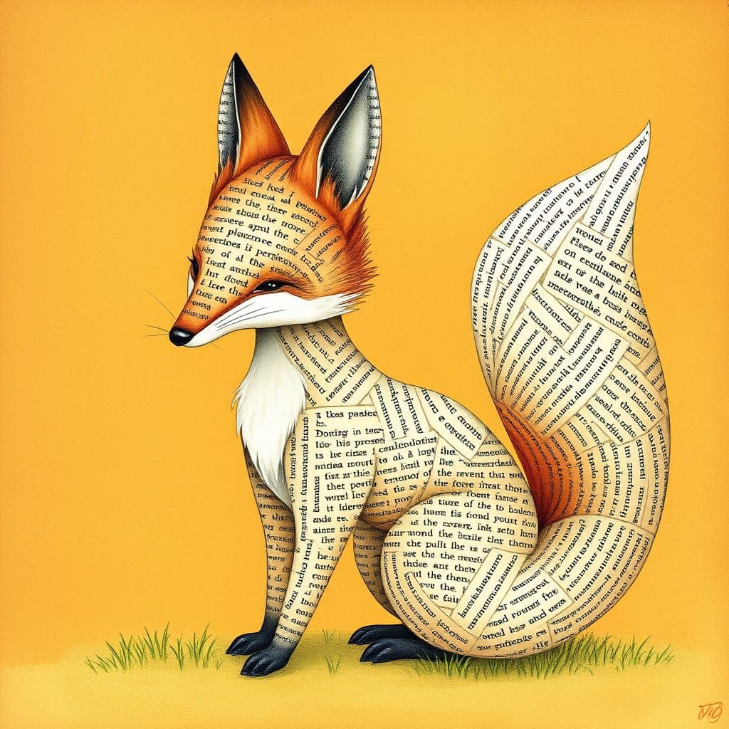 Whimsical Fox Made of Storybook Pages in Vintage Style
