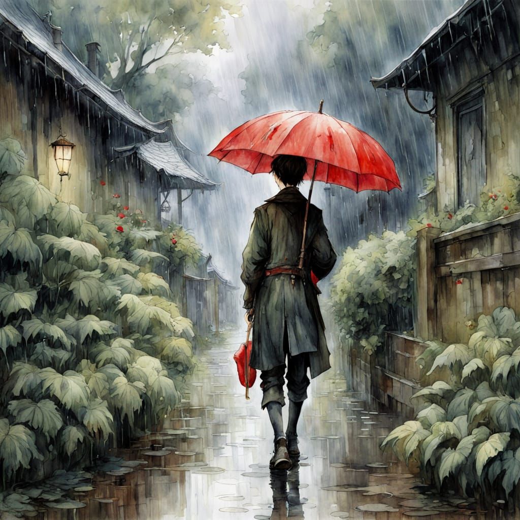 Boy with Red Umbrella in Rainy Watercolor