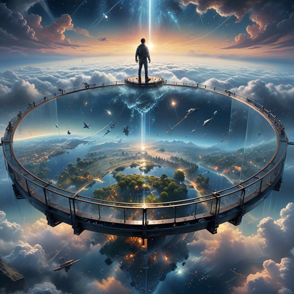 Man on Glass Space Platform Contemplating Earthly Paradise