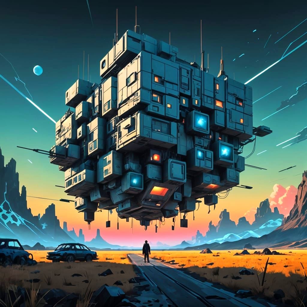 Surreal Pixelcore Landscape with Glowing Squares