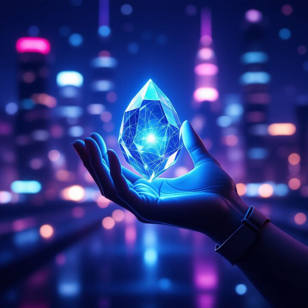 Hyperrealistic Hand Holds Glowing Data Crystal