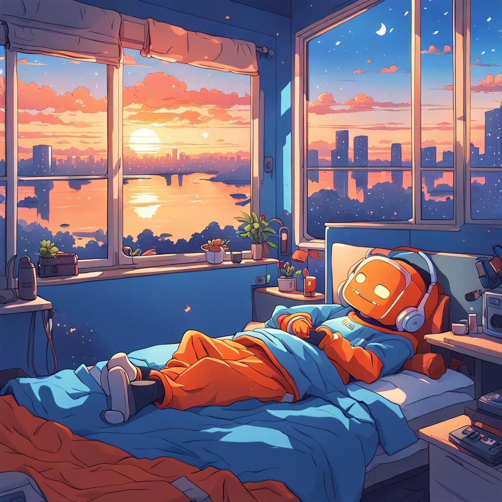 Cute Robot Sleeping: Anime Style Lo-Fi Scene