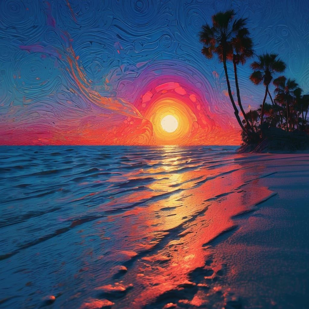 Expressionist Twilight Beach Scene as Impasto Painting