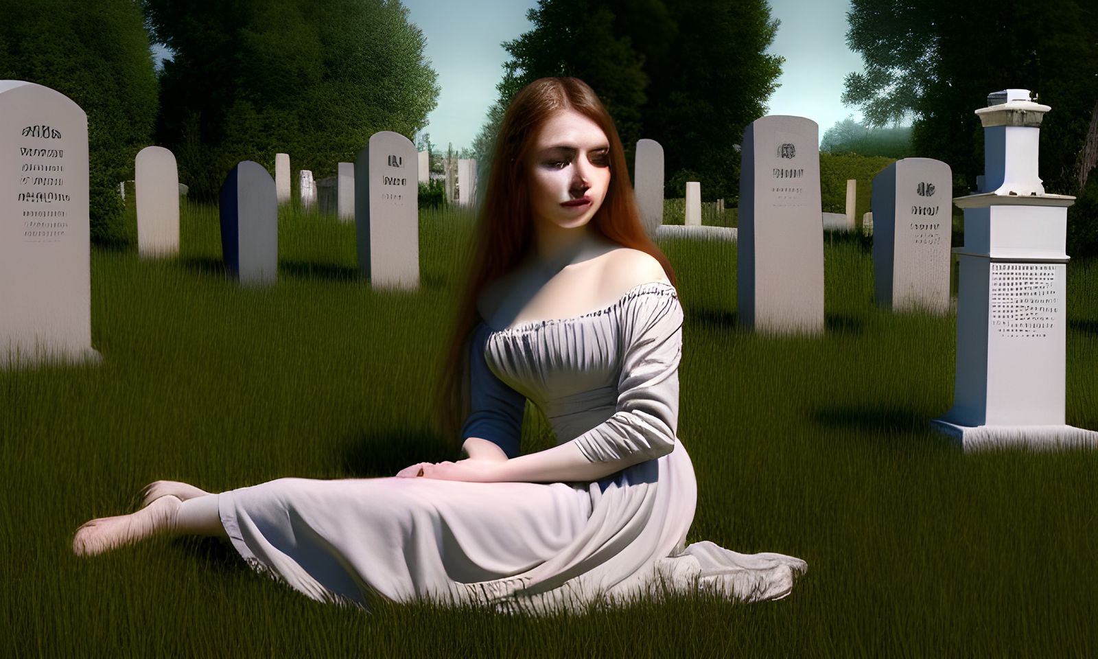 Serene Woman in Cemetery: Hyper-detailed Digital Painting