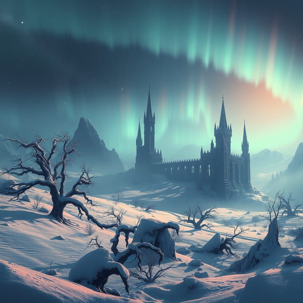 Majestic Winter Wonderland with Ancient Castle and Frosty Tr...