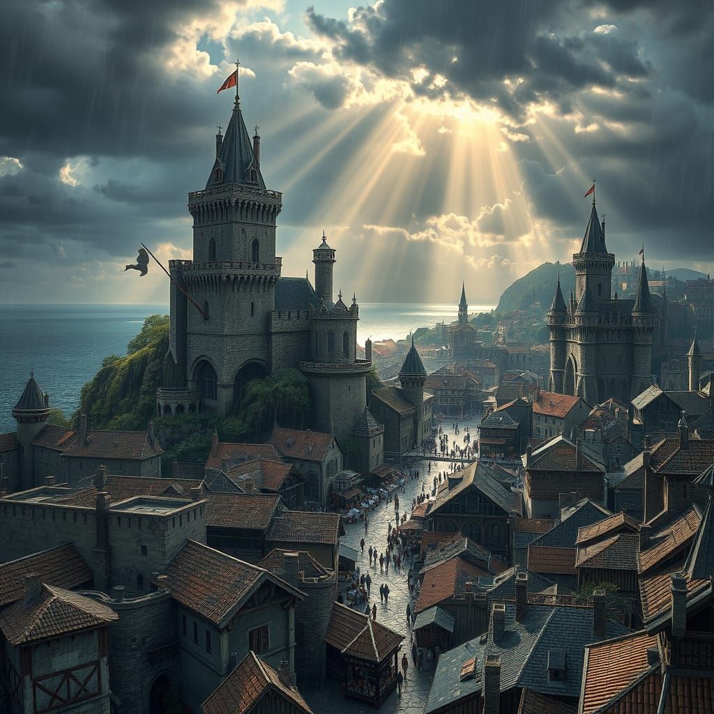 Medieval City by the Sea in Oil Painting