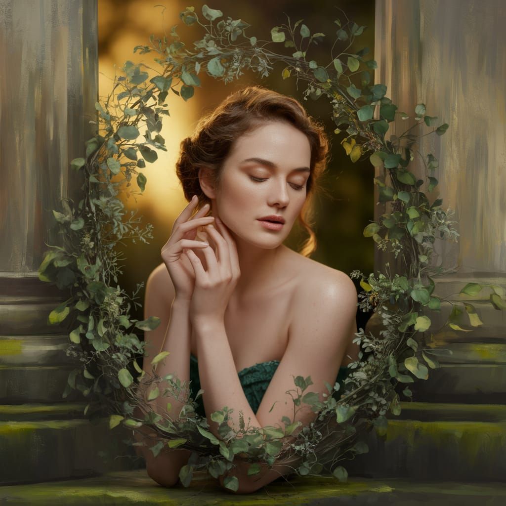 Serene Woman in Golden Light Amidst Lush Greenery