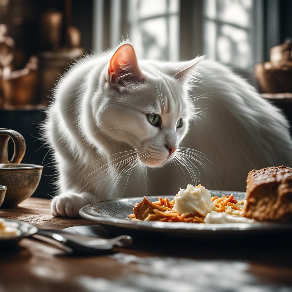 Hyperrealistic White Cat Eating Food