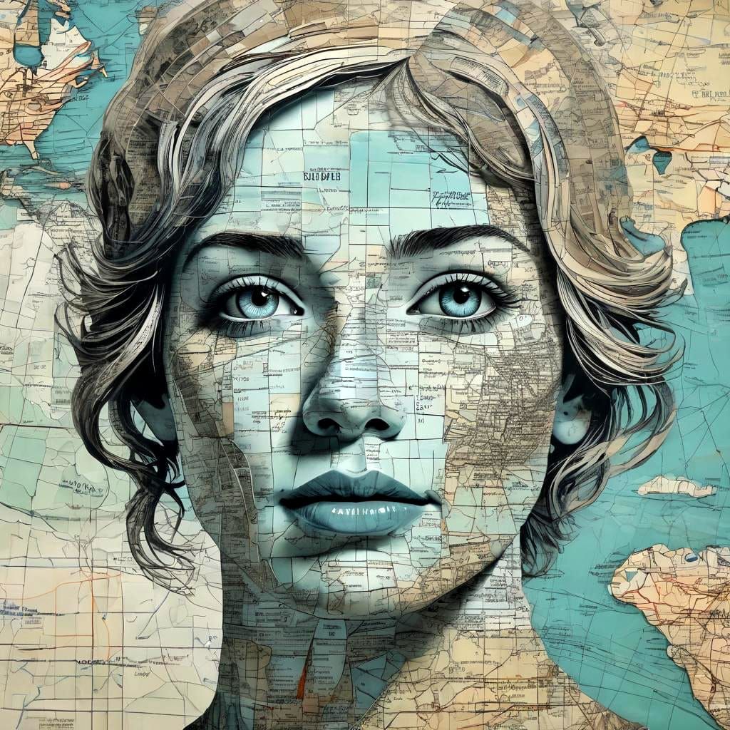Vintage Map Collage Face on Blue Oceanic Background
