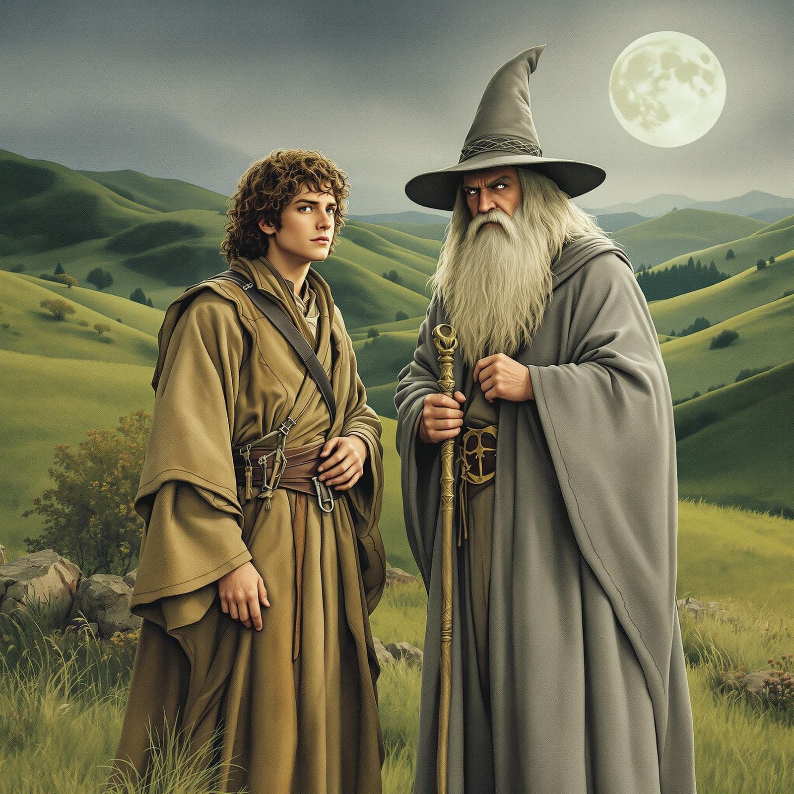 Frodo and Gandalf in Moonlit Shire