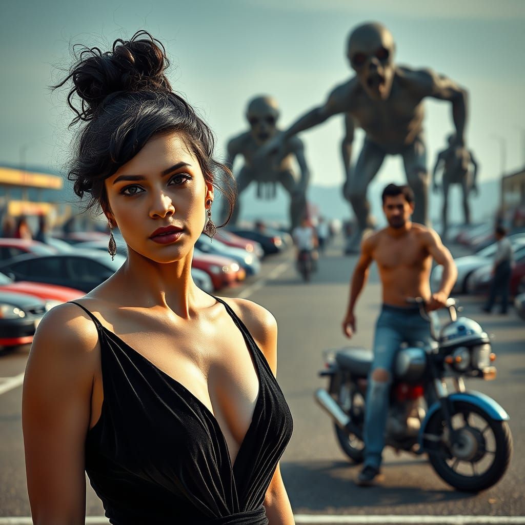 Elegant Woman in Velvet Gown Amidst Zombie Chaos