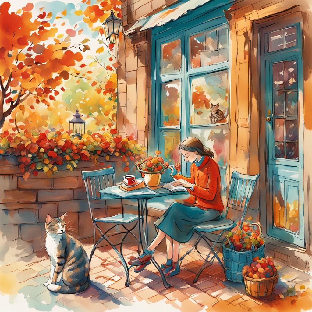 Whimsical Cafe Scene in Quentin Blake Style