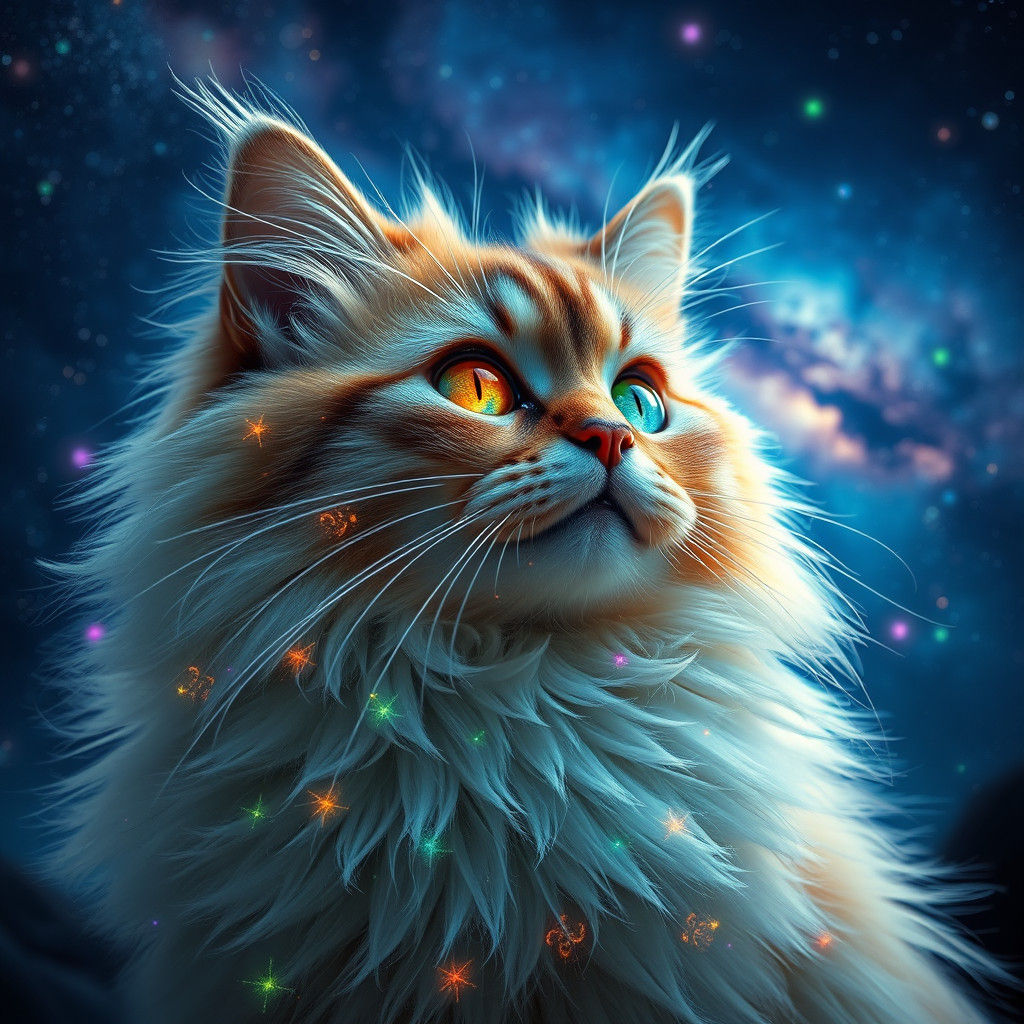 Celestial Cat with Galaxy Fur and Glowing Trees