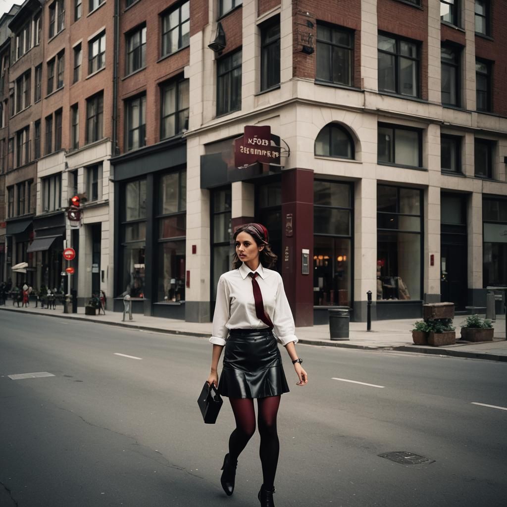 Brunette in Red Leather Skirt Walking on Street