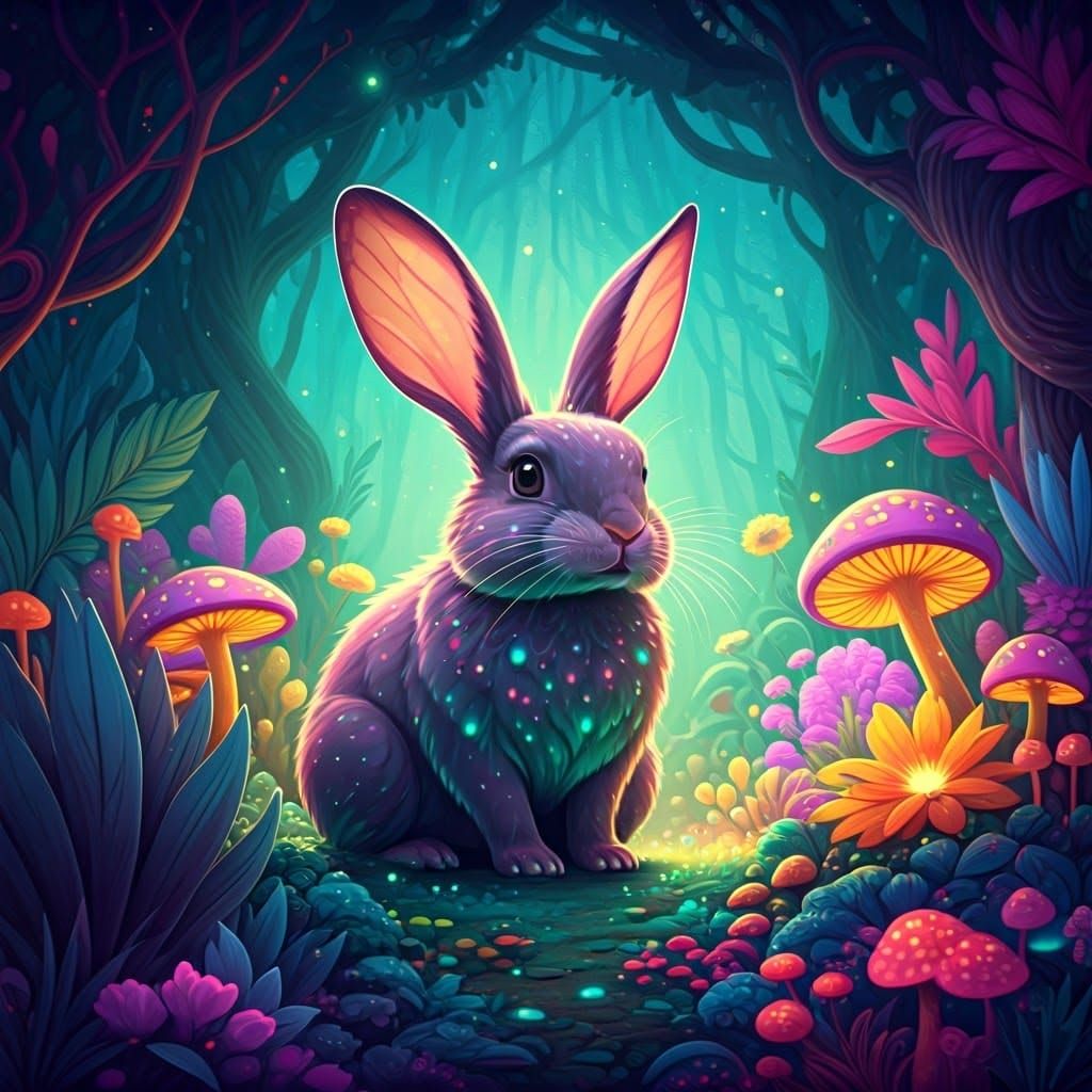 Cute Bunny in Mystical Forest, Visionary Art