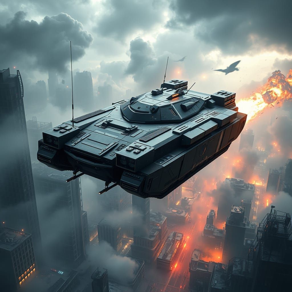 Cyberpunk Flying Tank Soars Through Dystopian Cityscape