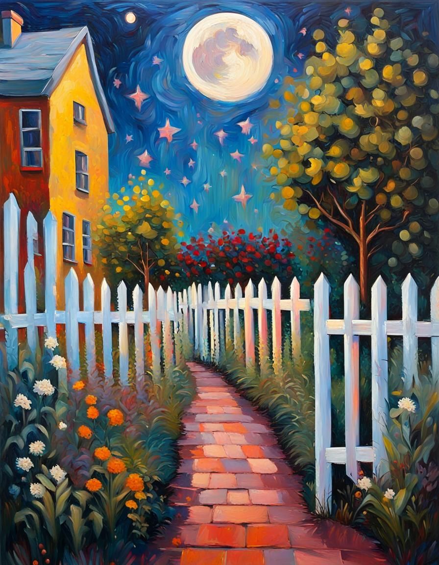 Urban Garden at Night in Expressionist Impasto Style